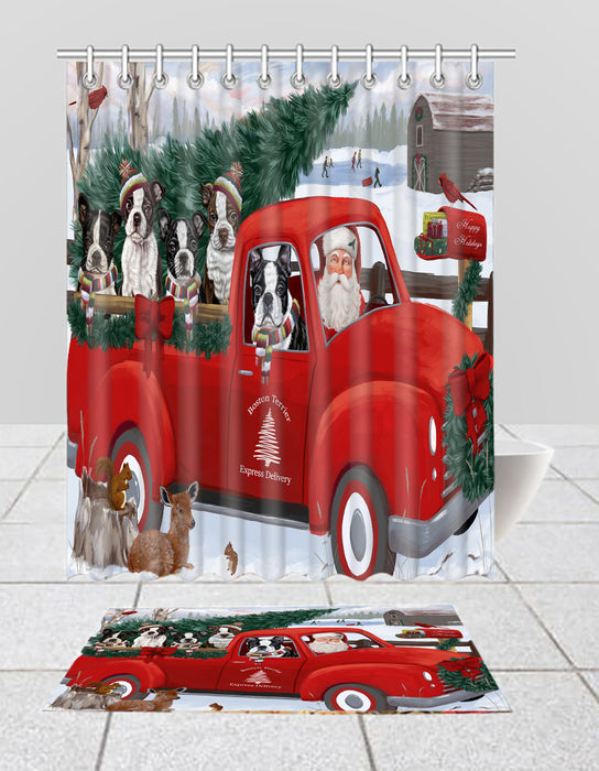 Christmas Santa Express Delivery Red Truck Boston Terrier Dogs Bath Mat and Shower Curtain Combo