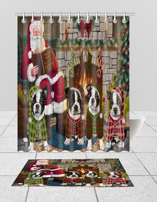 Christmas Cozy Holiday Fire Tails Boston Terrier Dogs Bath Mat and Shower Curtain Combo