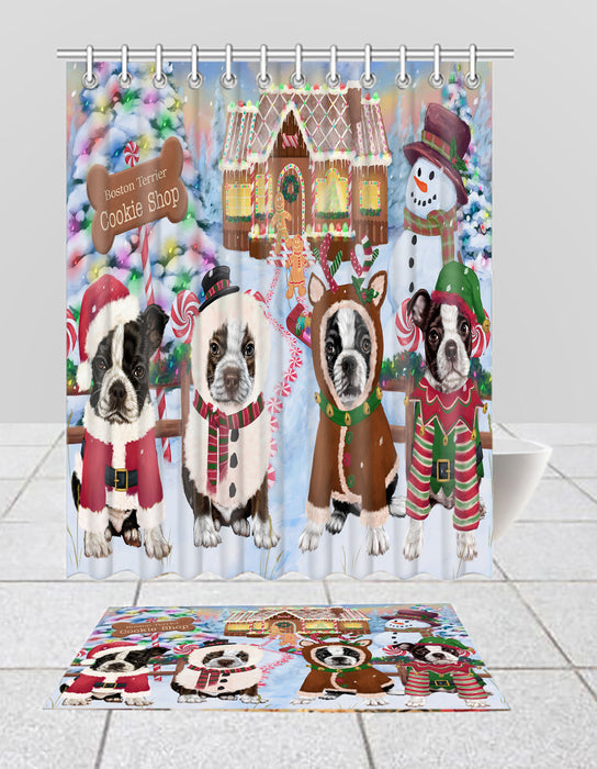 Holiday Gingerbread Cookie Boston Terrier Dogs  Bath Mat and Shower Curtain Combo