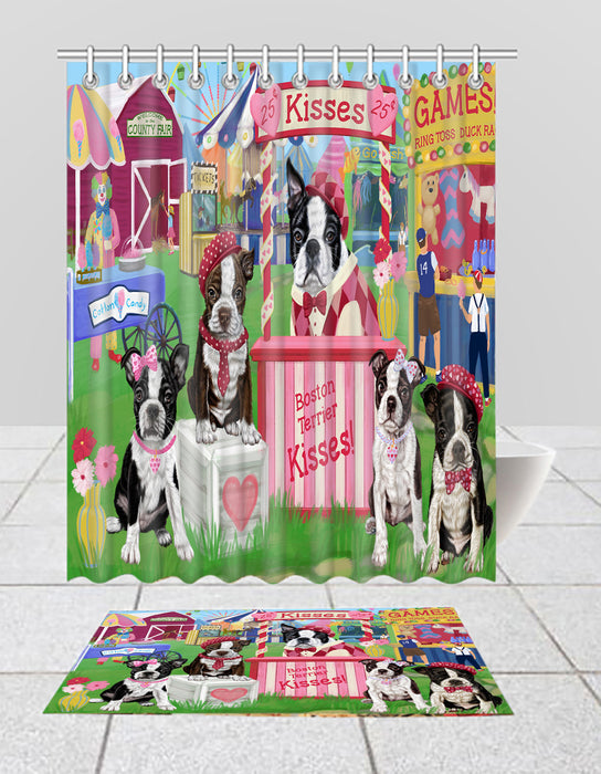 Carnival Kissing Booth Boston Terrier Dogs  Bath Mat and Shower Curtain Combo