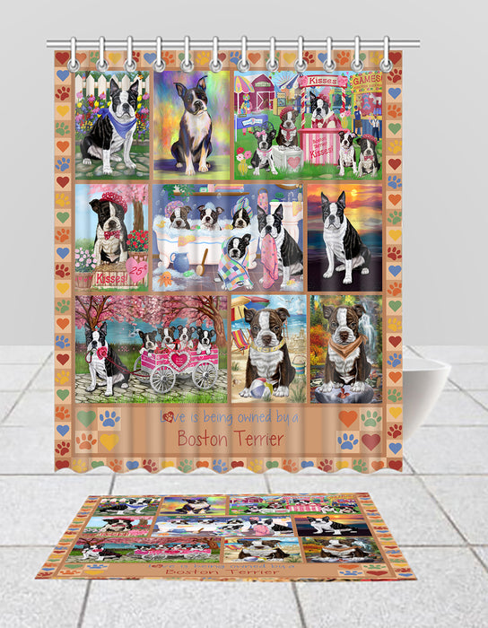 Love is Being Owned Boston Terrier Dog Beige Bath Mat and Shower Curtain Combo