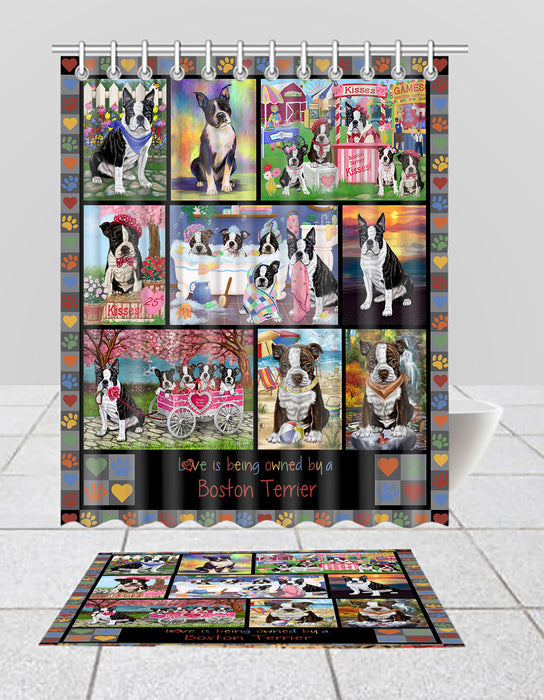 Love is Being Owned Boston Terrier Dog Grey Bath Mat and Shower Curtain Combo