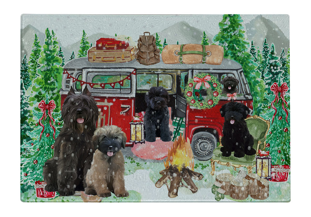 Christmas Time Camping with Bouvier Dogs Cutting Board - For Kitchen - Scratch & Stain Resistant - Designed To Stay In Place - Easy To Clean By Hand - Perfect for Chopping Meats, Vegetables