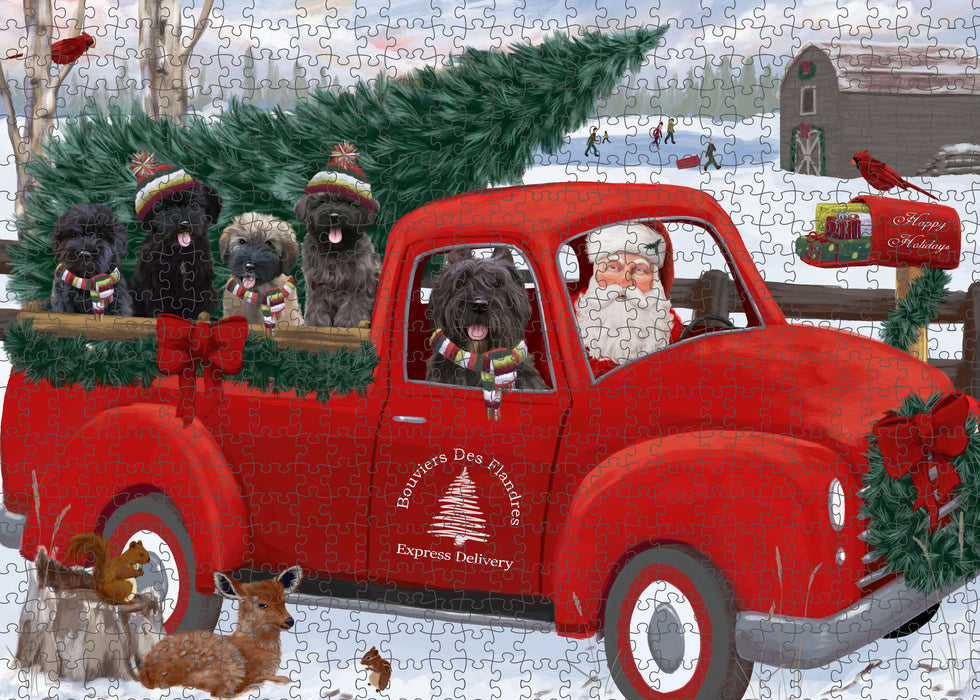 Christmas Santa Express Delivery Red Truck Bouvier Dogs Portrait Jigsaw Puzzle for Adults Animal Interlocking Puzzle Game Unique Gift for Dog Lover's with Metal Tin Box