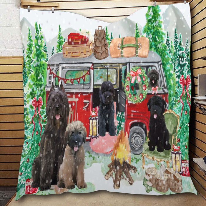 Christmas Time Camping with Bouvier Dogs  Quilt Bed Coverlet Bedspread - Pets Comforter Unique One-side Animal Printing - Soft Lightweight Durable Washable Polyester Quilt