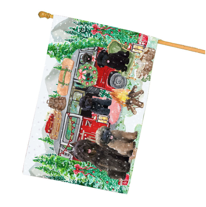 Christmas Time Camping with Bouvier Dogs House Flag Outdoor Decorative Double Sided Pet Portrait Weather Resistant Premium Quality Animal Printed Home Decorative Flags 100% Polyester