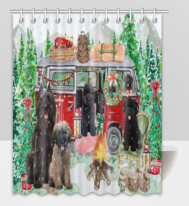 Christmas Time Camping with Bouvier Dogs Shower Curtain Pet Painting Bathtub Curtain Waterproof Polyester One-Side Printing Decor Bath Tub Curtain for Bathroom with Hooks