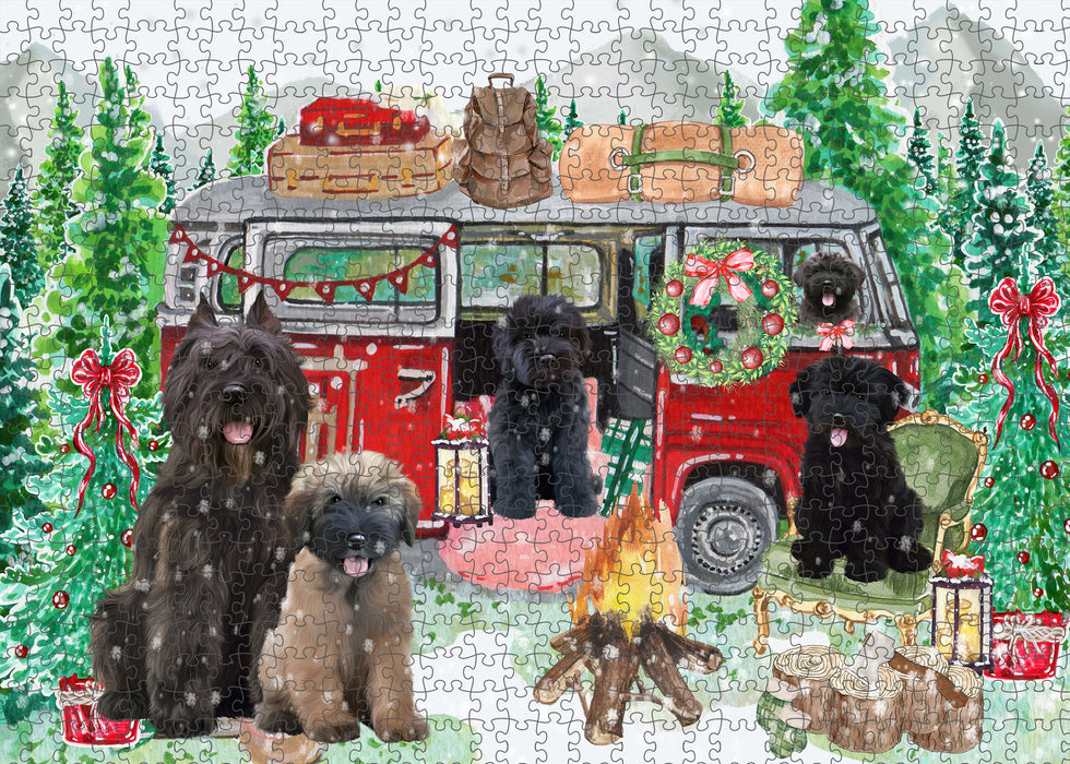 Christmas Time Camping with Bouvier Dogs Portrait Jigsaw Puzzle for Adults Animal Interlocking Puzzle Game Unique Gift for Dog Lover's with Metal Tin Box