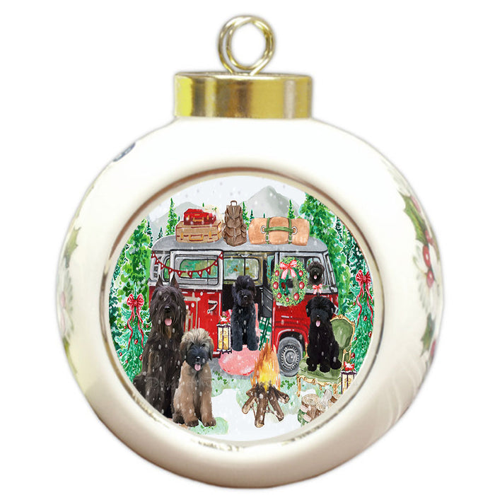 Christmas Time Camping with Bouvier Dogs Round Ball Christmas Ornament Pet Decorative Hanging Ornaments for Christmas X-mas Tree Decorations - 3" Round Ceramic Ornament