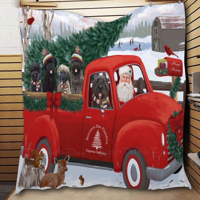 Christmas Santa Express Delivery Red Truck Bouvier Dogs  Quilt Bed Coverlet Bedspread - Pets Comforter Unique One-side Animal Printing - Soft Lightweight Durable Washable Polyester Quilt
