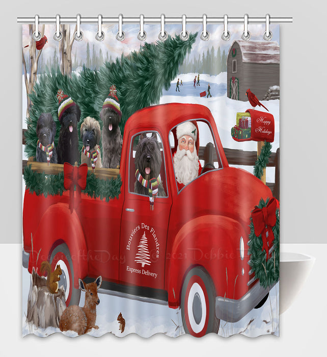 Christmas Santa Express Delivery Red Truck Bouvier Dogs Shower Curtain Pet Painting Bathtub Curtain Waterproof Polyester One-Side Printing Decor Bath Tub Curtain for Bathroom with Hooks
