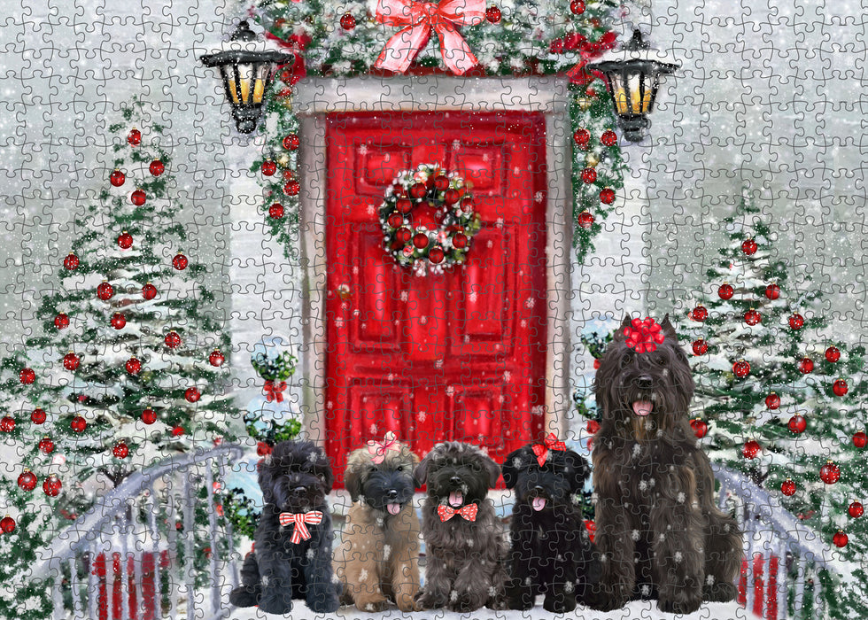 Christmas Holiday Welcome Bouvier Dogs Portrait Jigsaw Puzzle for Adults Animal Interlocking Puzzle Game Unique Gift for Dog Lover's with Metal Tin Box