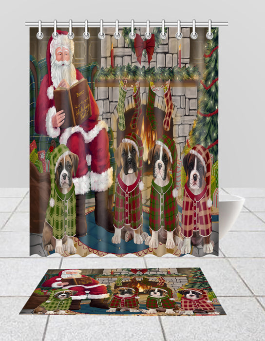 Christmas Cozy Holiday Fire Tails Boxer Dogs Bath Mat and Shower Curtain Combo