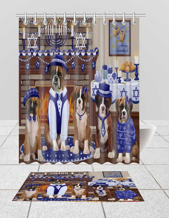Happy Hanukkah Family Boxer Dogs Bath Mat and Shower Curtain Combo