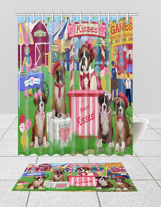 Carnival Kissing Booth Boxer Dogs  Bath Mat and Shower Curtain Combo