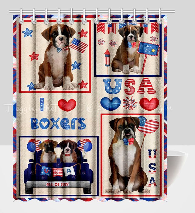 4th of July Independence Day I Love USA Boxer Dogs Shower Curtain Pet Painting Bathtub Curtain Waterproof Polyester One-Side Printing Decor Bath Tub Curtain for Bathroom with Hooks