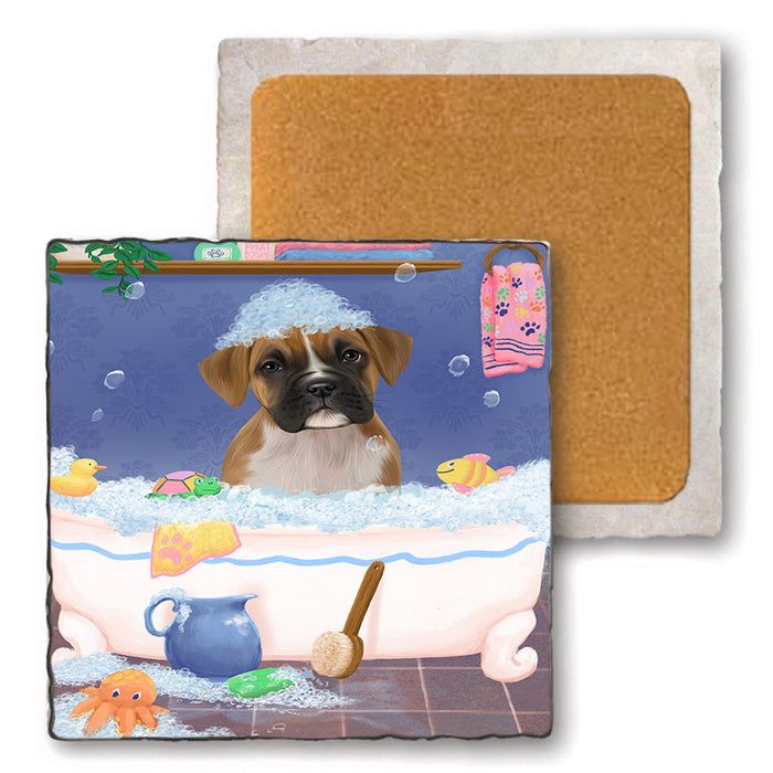 Rub A Dub Dog In A Tub Boxer Dog Set of 4 Natural Stone Marble Tile Coasters MCST52322