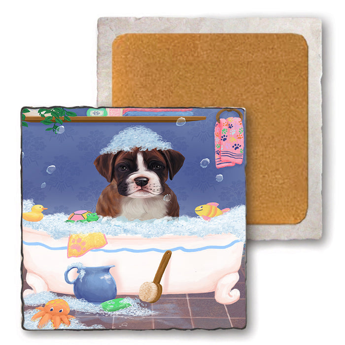 Rub A Dub Dog In A Tub Boxer Dog Set of 4 Natural Stone Marble Tile Coasters MCST52323