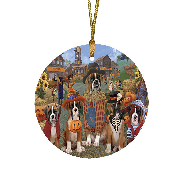 Halloween 'Round Town And Fall Pumpkin Scarecrow Both Boxer Copy Dogs Round Flat Christmas Ornament RFPOR57384