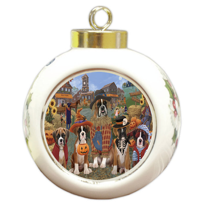 Halloween 'Round Town And Fall Pumpkin Scarecrow Both Boxer Copy Dogs Round Ball Christmas Ornament RBPOR57384