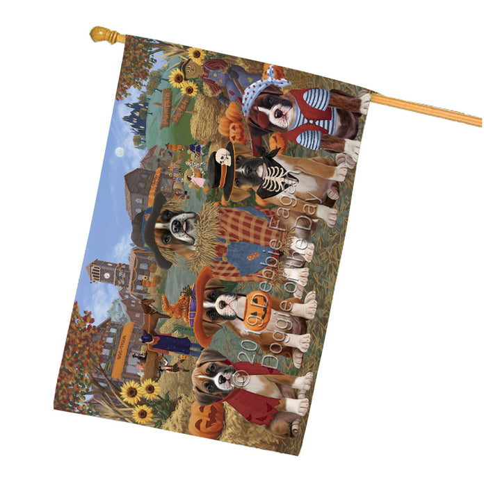 Halloween 'Round Town And Fall Pumpkin Scarecrow Both Boxer Copy Dogs House Flag FLG65636