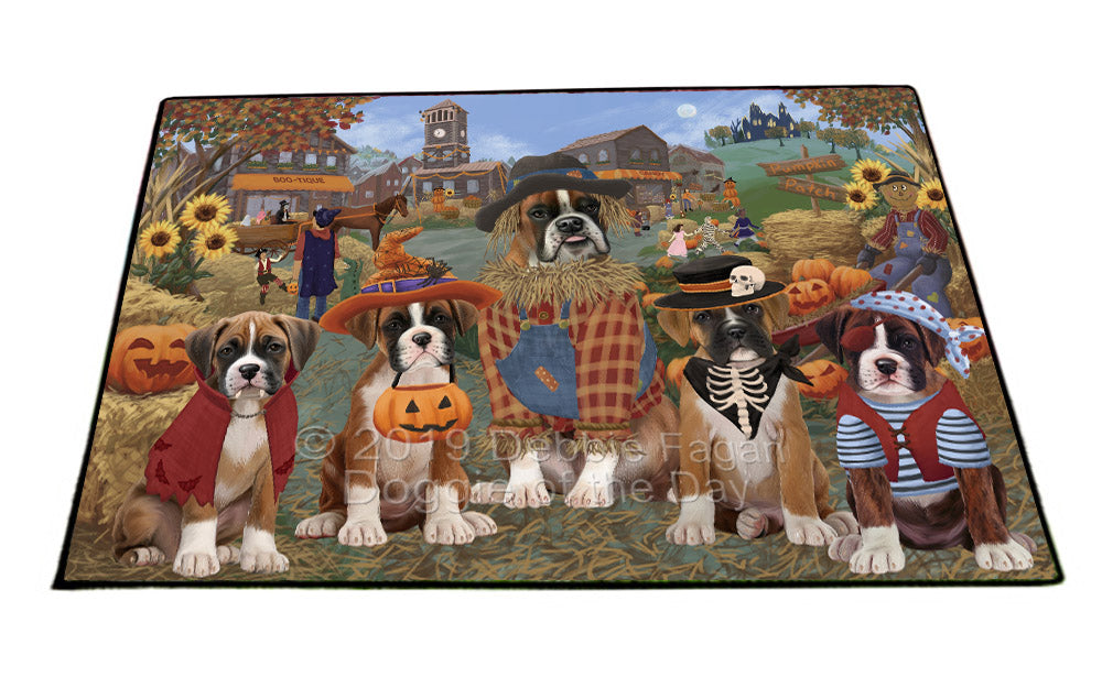 Halloween 'Round Town And Fall Pumpkin Scarecrow Both Boxer Copy Dogs Floormat FLMS53885