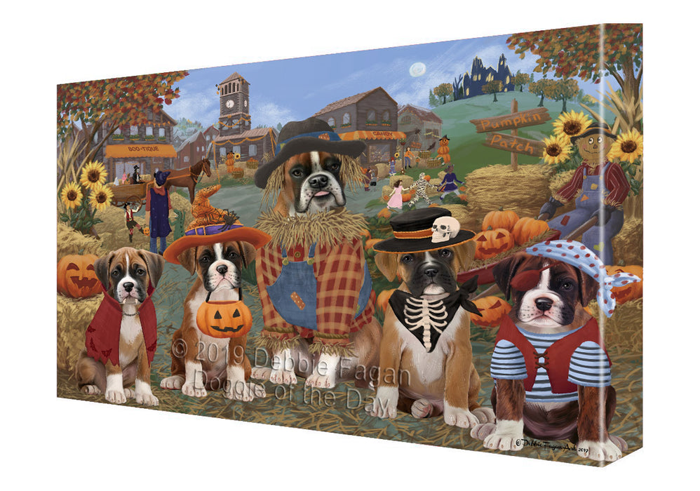 Halloween 'Round Town And Fall Pumpkin Scarecrow Both Boxer Copy Dogs Canvas Print Wall Art Décor CVS139409