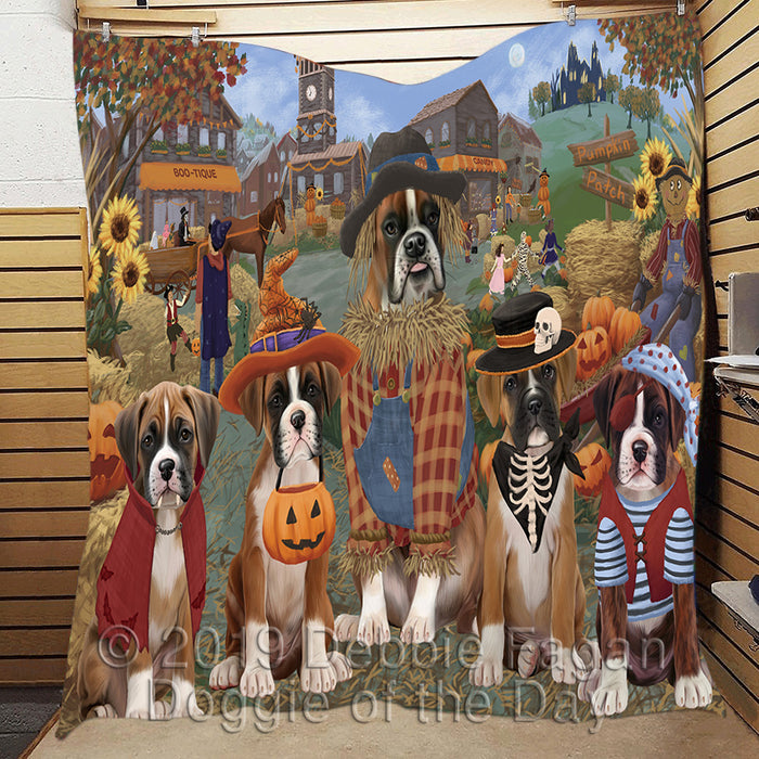 Halloween 'Round Town and Fall Pumpkin Scarecrow Both Boxer Dogs Quilt
