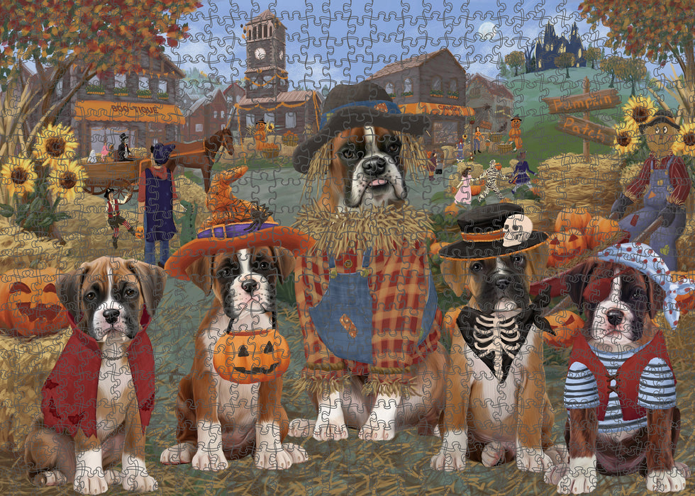 Halloween 'Round Town And Fall Pumpkin Scarecrow Both Boxer Copy Dogs Puzzle with Photo Tin PUZL96228