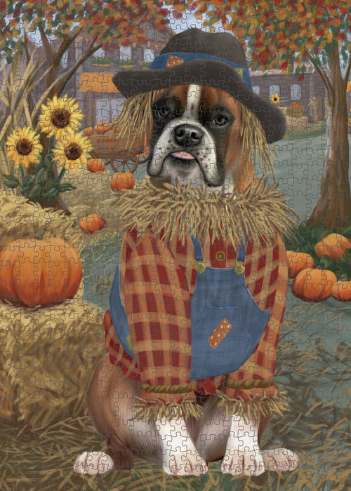 Halloween 'Round Town And Fall Pumpkin Scarecrow Both Boxer Copy Dogs Puzzle with Photo Tin PUZL96472