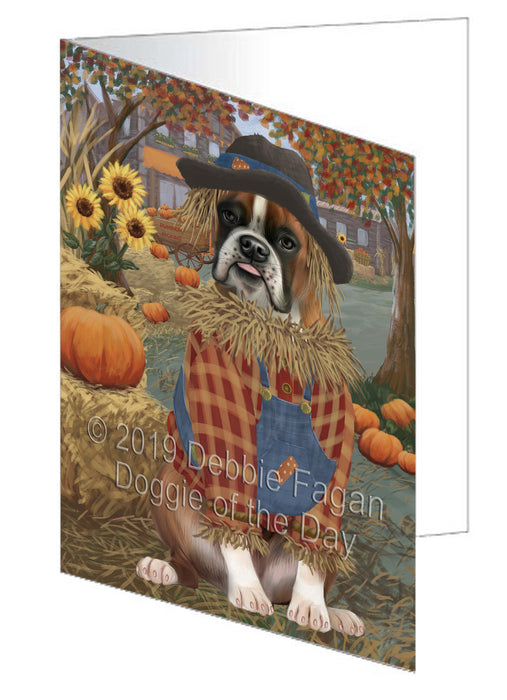 Fall Pumpkin Scarecrow Boxer Copy Dog Handmade Artwork Assorted Pets Greeting Cards and Note Cards with Envelopes for All Occasions and Holiday Seasons GCD77969