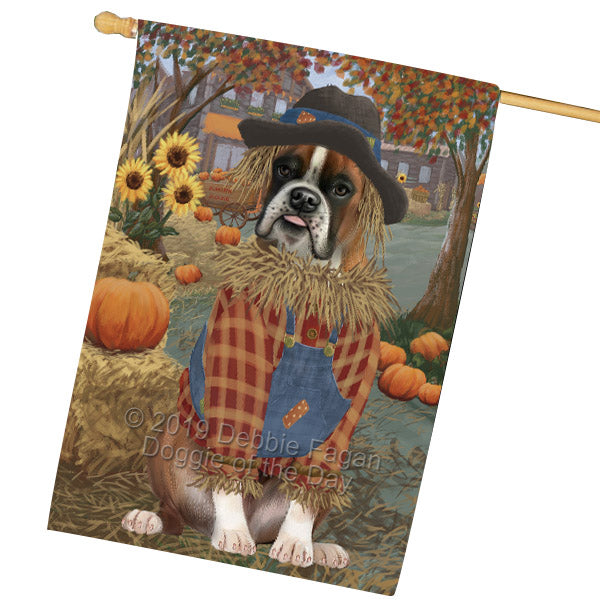 Halloween 'Round Town And Fall Pumpkin Scarecrow Both Boxer Copy Dogs House Flag FLG65697