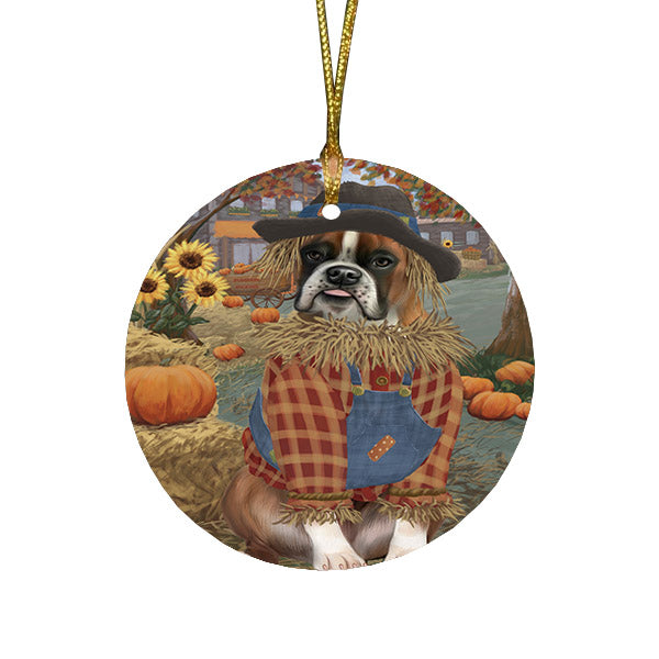 Halloween 'Round Town And Fall Pumpkin Scarecrow Both Boxer Copy Dogs Round Flat Christmas Ornament RFPOR57445