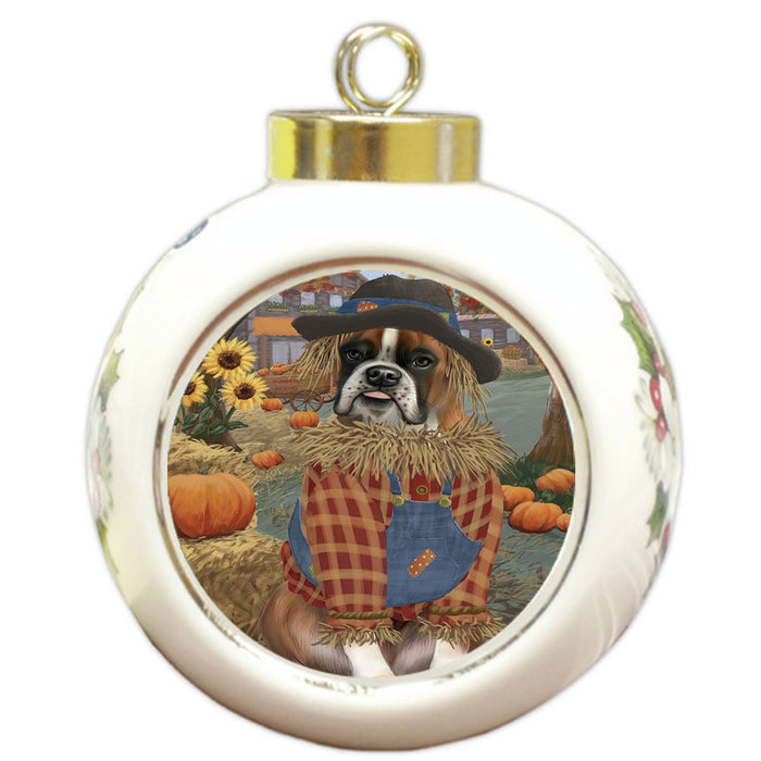Halloween 'Round Town And Fall Pumpkin Scarecrow Both Boxer Copy Dogs Round Ball Christmas Ornament RBPOR57445