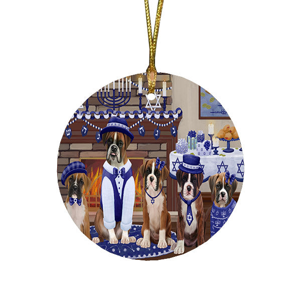 Happy Hanukkah Family and Happy Hanukkah Both Boxer Dogs Round Flat Christmas Ornament RFPOR57506