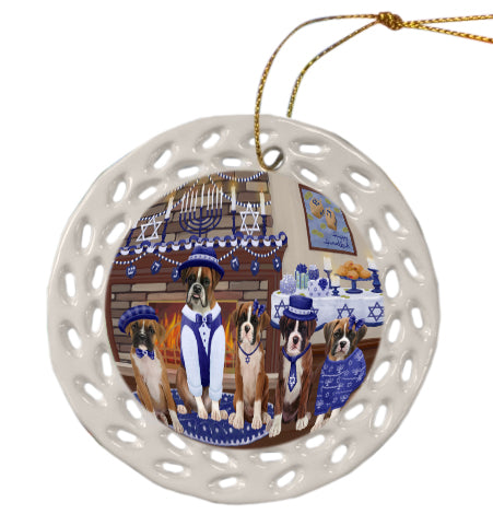 Happy Hanukkah Family Boxer Dogs Doily Ornament DPOR57960