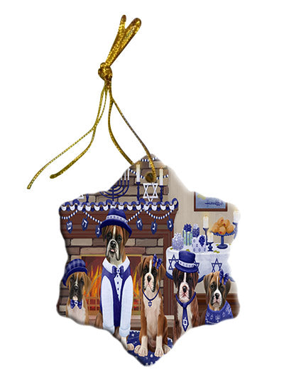 Happy Hanukkah Family Boxer Dogs Star Porcelain Ornament SPOR57602