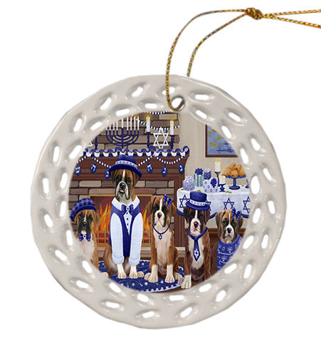 Happy Hanukkah Family Boxer Dogs Ceramic Doily Ornament DPOR57602