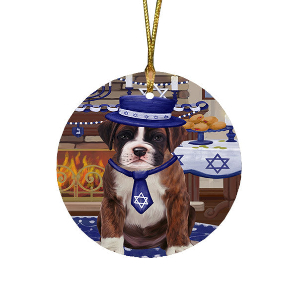 Happy Hanukkah Family and Happy Hanukkah Both Boxer Dog Round Flat Christmas Ornament RFPOR57562