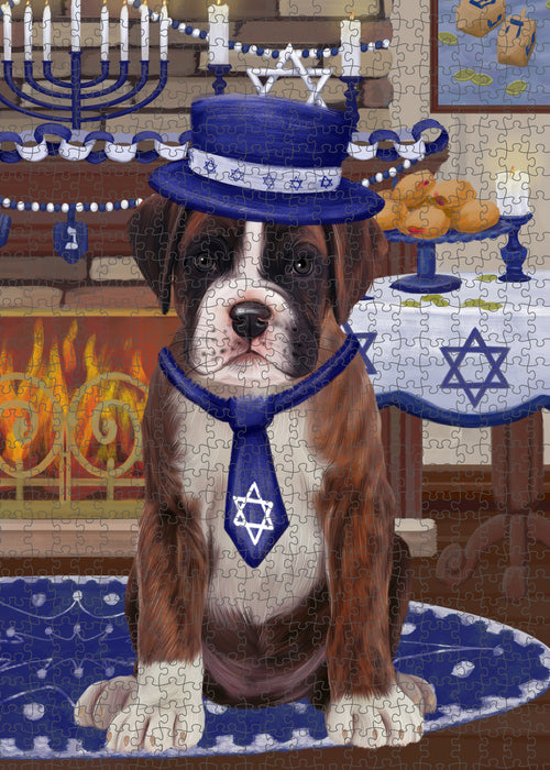 Happy Hanukkah Family and Happy Hanukkah Both Boxer Dog Puzzle with Photo Tin PUZL96940