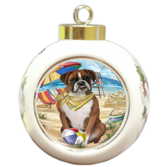 Pet Friendly Beach Boxer Dog Round Ball Christmas Ornament Pet Decorative Hanging Ornaments for Christmas X-mas Tree Decorations - 3" Round Ceramic Ornament, RBPOR59384