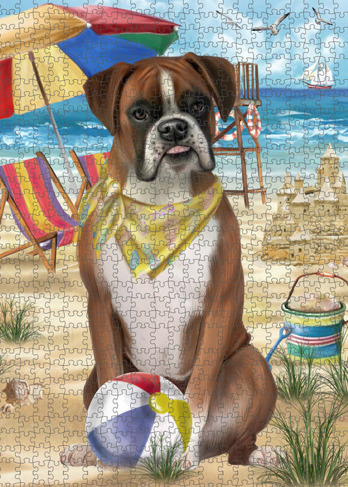 Pet Friendly Beach Boxer Dog Portrait Jigsaw Puzzle for Adults Animal Interlocking Puzzle Game Unique Gift for Dog Lover's with Metal Tin Box PZL431
