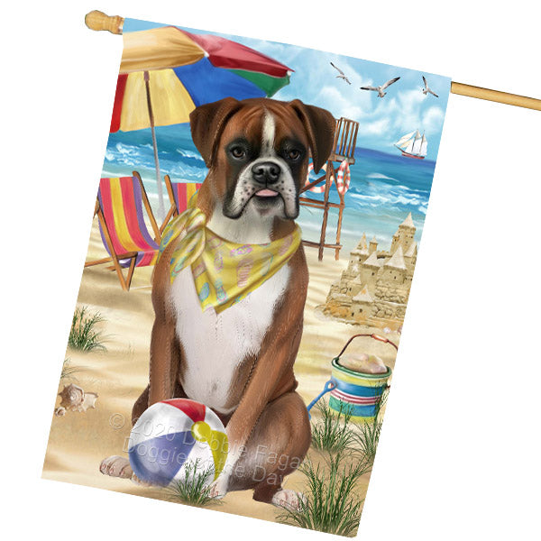 Pet Friendly Beach Boxer Dog House Flag Outdoor Decorative Double Sided Pet Portrait Weather Resistant Premium Quality Animal Printed Home Decorative Flags 100% Polyester FLG68900