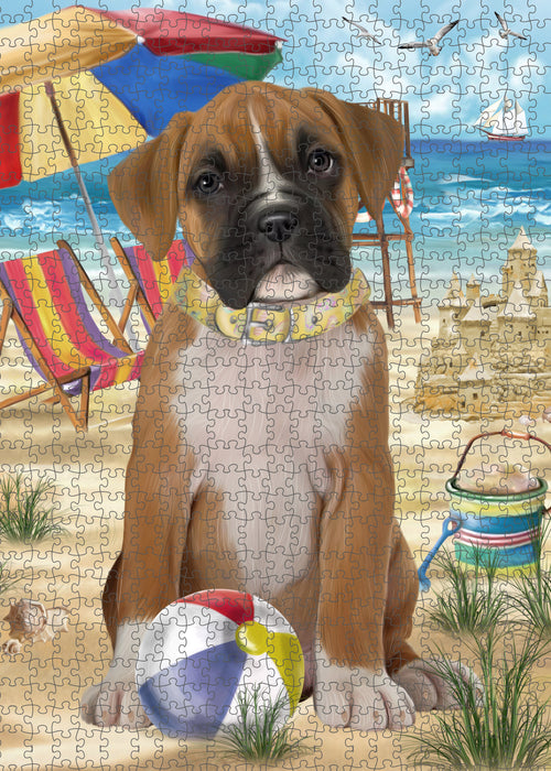 Pet Friendly Beach Boxer Dog Portrait Jigsaw Puzzle for Adults Animal Interlocking Puzzle Game Unique Gift for Dog Lover's with Metal Tin Box PZL432