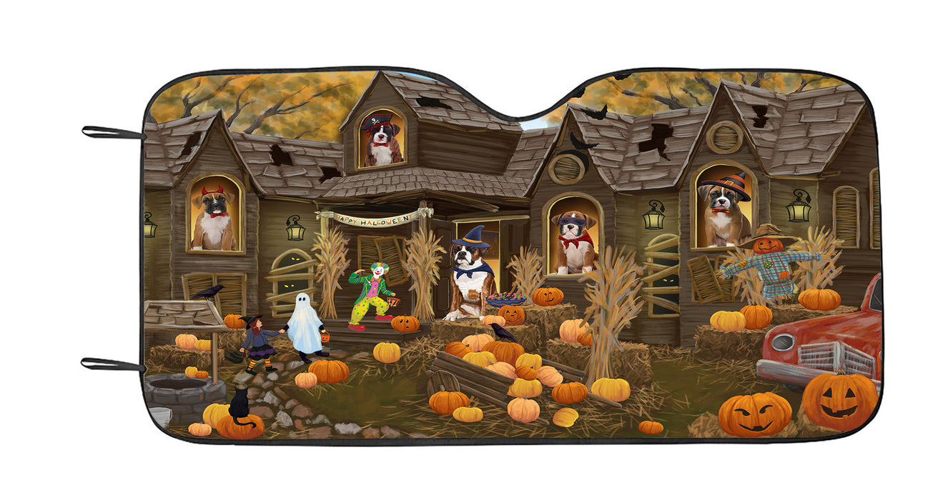 Haunted House Halloween Trick or Treat Boxer Dogs Car Sun Shade
