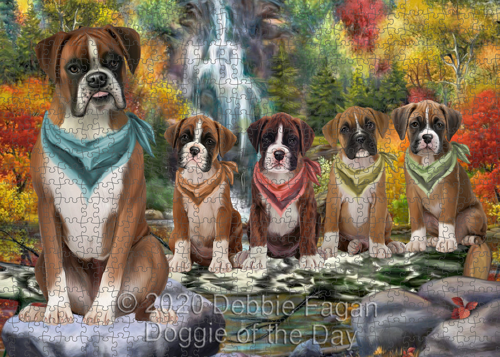 Scenic Waterfall Boxer Dogs Portrait Jigsaw Puzzle for Adults Animal Interlocking Puzzle Game Unique Gift for Dog Lover's with Metal Tin Box