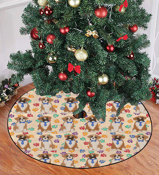Rainbow Paw Print Boxer Dogs Blue Christmas Tree Skirt