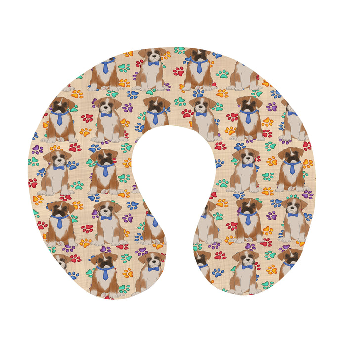 Rainbow Paw Print Boxer Dogs Blue U-Shape Travel Pillow