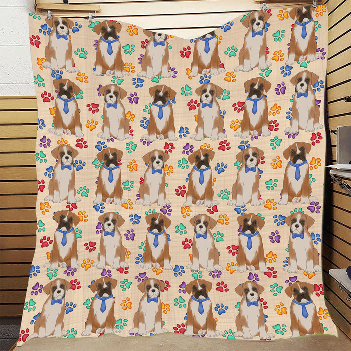 Rainbow Paw Print Boxer Dogs Blue Quilt