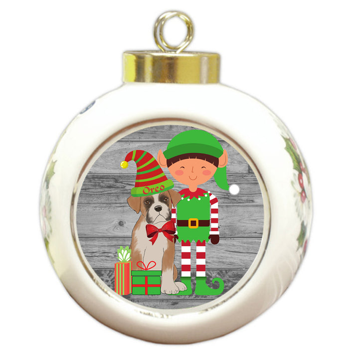 Custom Personalized Boxer Dog Elfie and Presents Christmas Round Ball Ornament